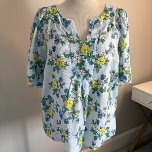 Charter Club Linen Floral Blouse XL Blue Yellow V-Neck